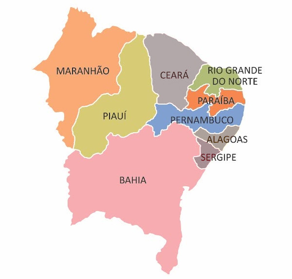 Mapa do Nordeste brasileiro com os estados já visitados em cor viva e os ainda não visitados em tom acinzentado