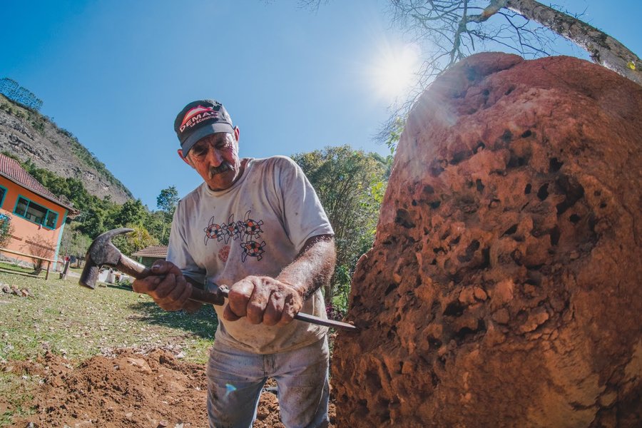 Sr. Dino, vizinho da Refazenda, trabalhando ao lado de um cupinzeiro